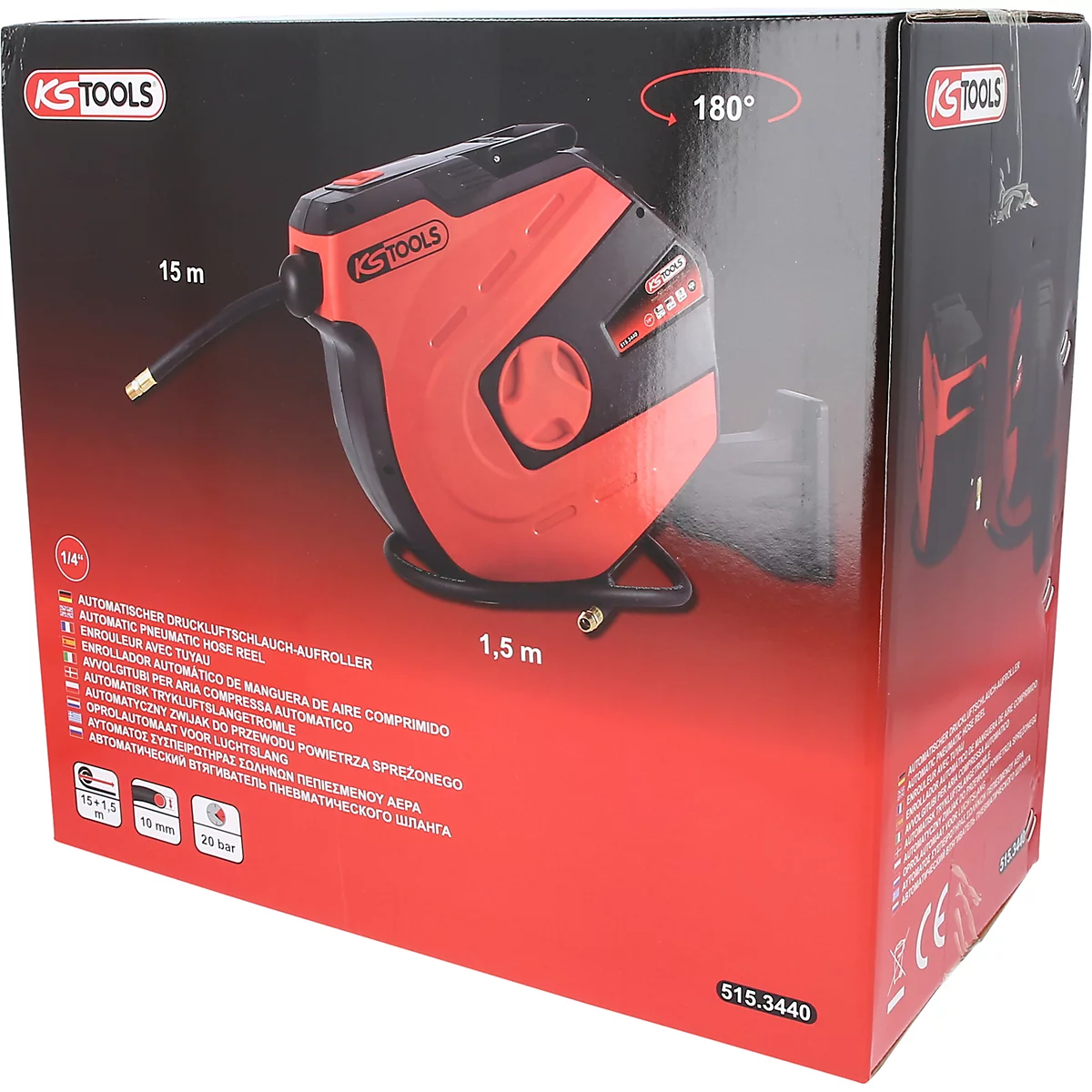 Roter KS TOOLS Druckluftschlauch-Aufroller auf einer Box, beschriftet mit Angaben zur Länge. Schwarzer Schlauch mit Messing-Endstück ragt heraus.